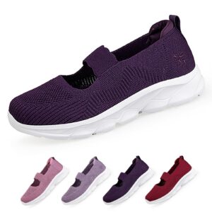 women's mesh slip on walking shoes flat loafers with elastic band soft sole comfortable working nurse shoes elderly casual memory foam sneakers breathable flat mother shoes (8.5,deep purple,female)