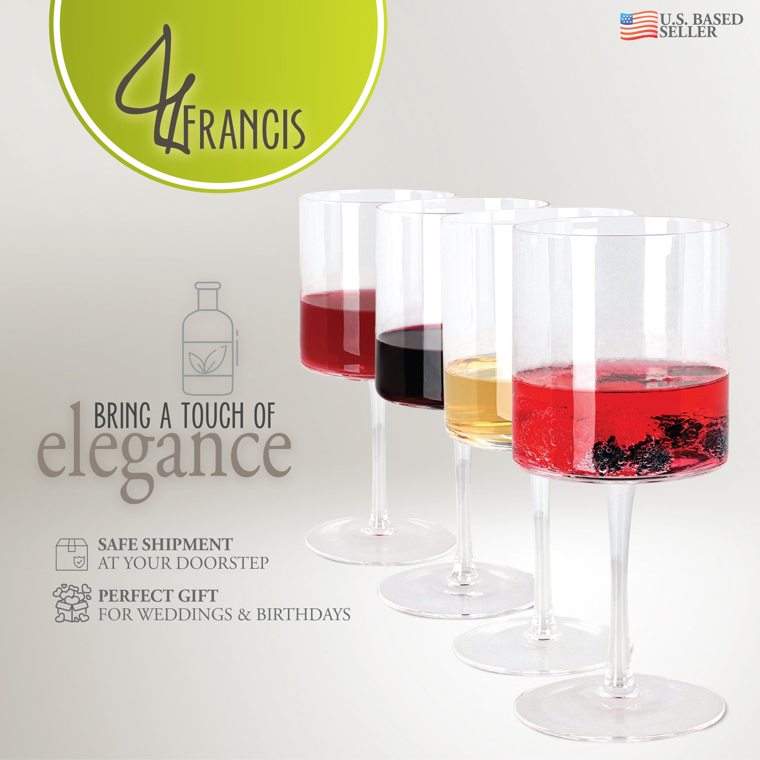 G Francis Square Wine Glasses Set of 4 - Unique 16oz Flat Bottom Wine Glasses with Stem - Handmade Cylinder Stemware for Red or White Wine - Modern Bar Drinkware for Entertaining