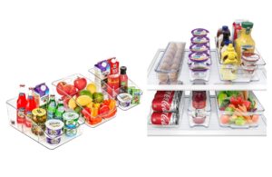 sorbus clear fridge organizer bins & curved clear rolling bins set - 6 set with egg holder, can dispenser, and varying sizes - curved 3 piece clear storage design with handles, dividers, and wheels
