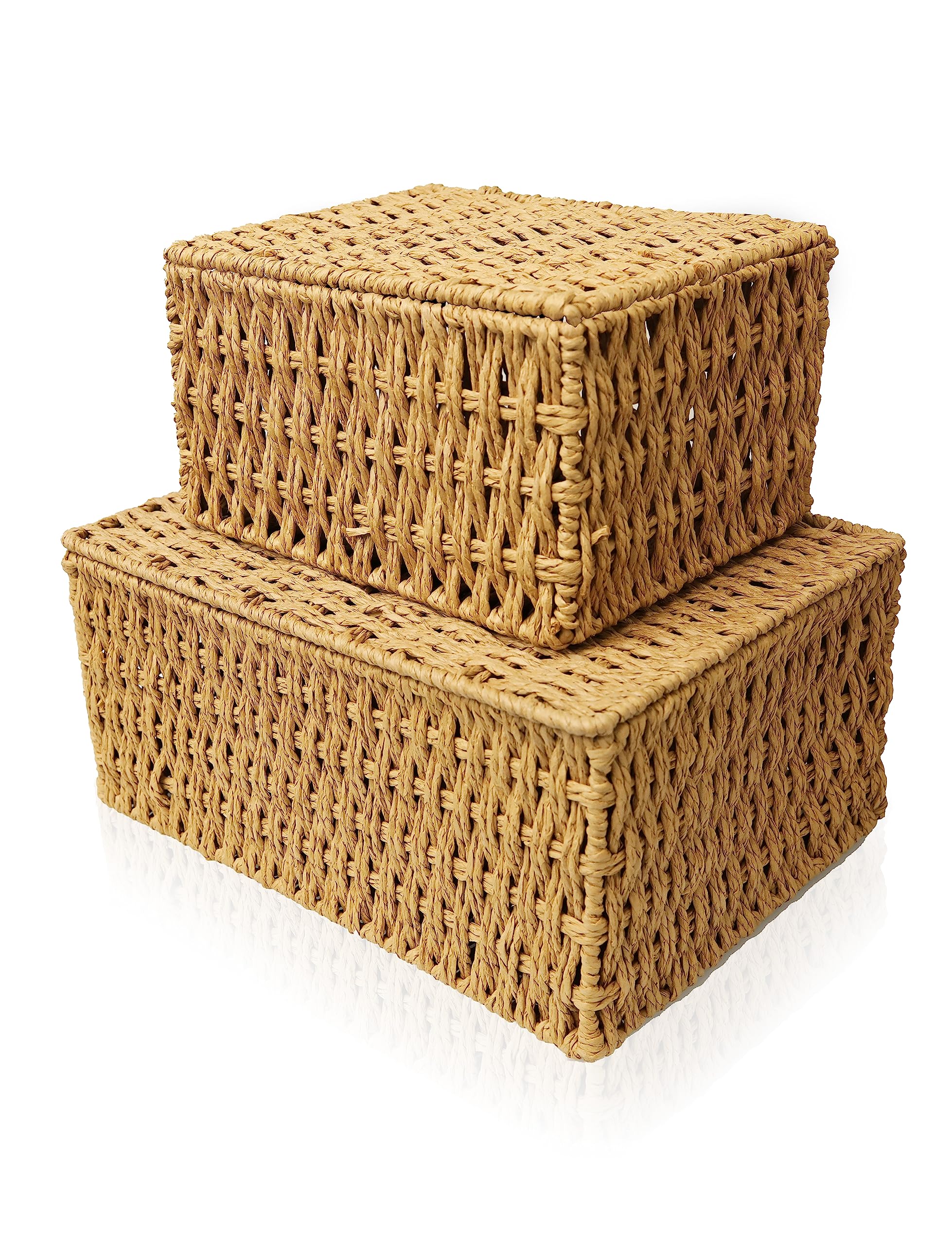 RoyalHouse Woven Stackable Storage Baskets with Lid, Decorative Rope Organizer Bin - Set of 2 (2 Sizes), Beige (No Liner)