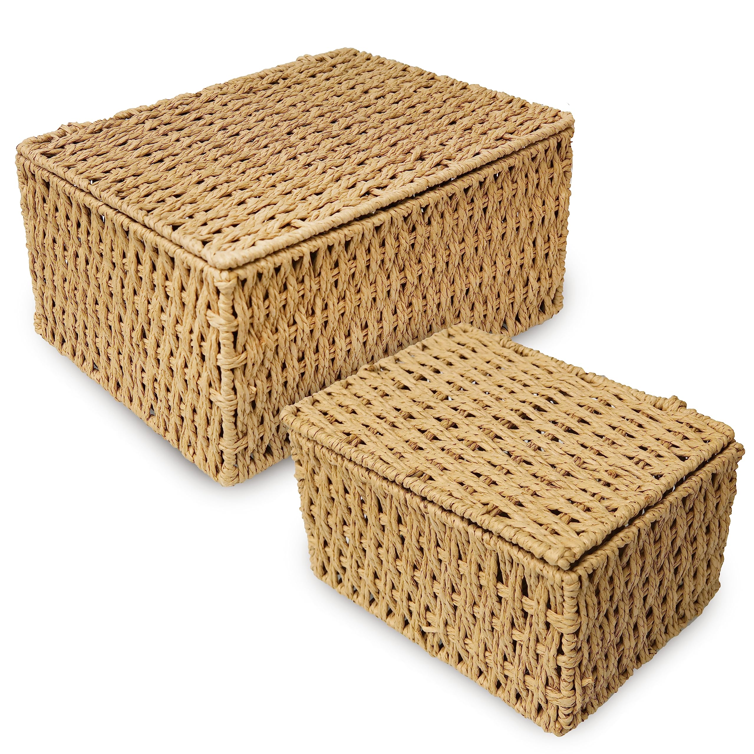 RoyalHouse Woven Stackable Storage Baskets with Lid, Decorative Rope Organizer Bin - Set of 2 (2 Sizes), Beige (No Liner)