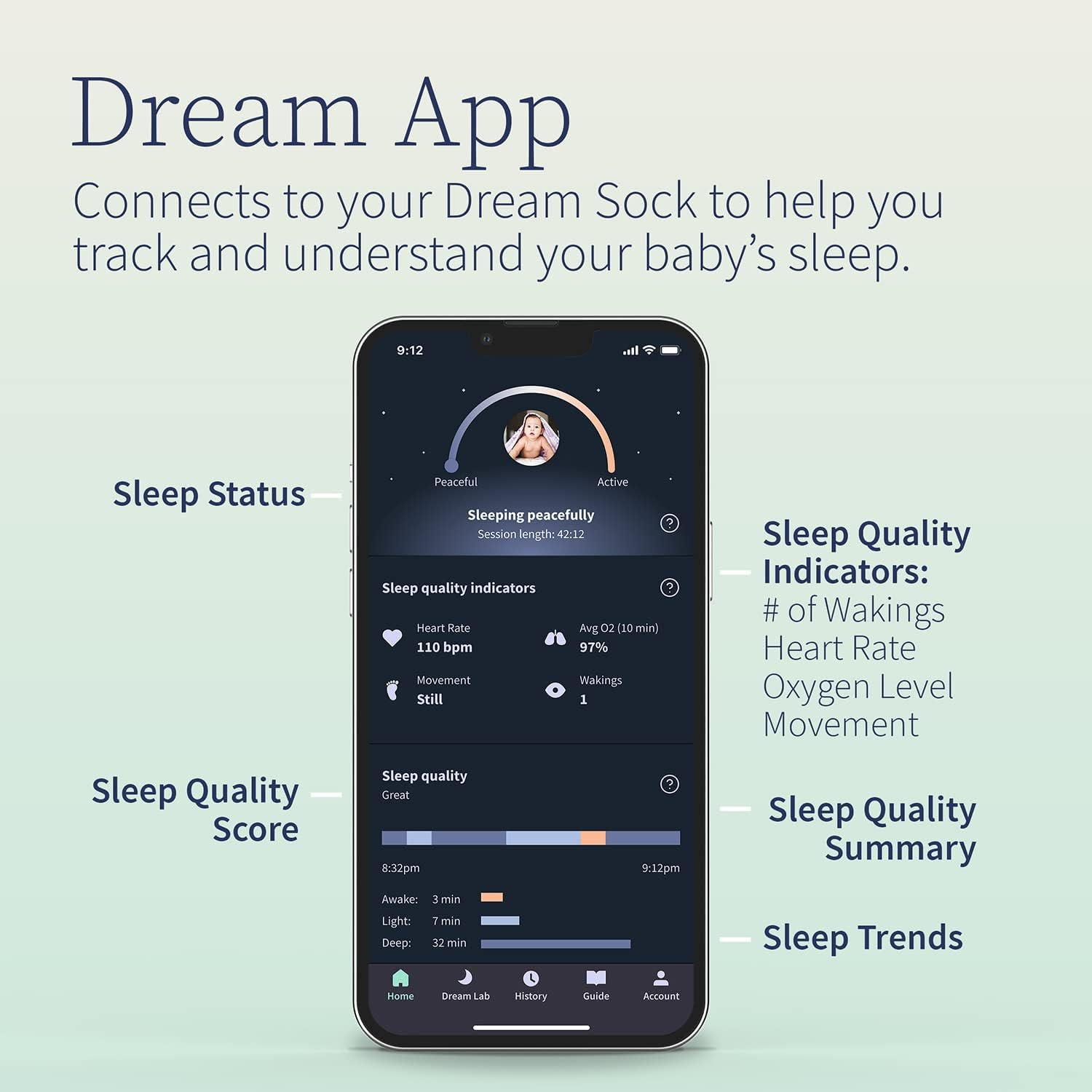 Owlet Dream Sock - Smart Baby Monitor - Foot Sensor to Track Heartbeat and Oxygen O2 Levels in Infants and Babies - Notifications for Night Wakings, Movement and Sleep State - Bedtime Blue + Mint