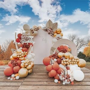 fall balloon garland arch kit 143pcs double stuffed terracotta dark orange and gold white sand balloons for fall in love bridal shower rustic boho baby shower bride to be decorations