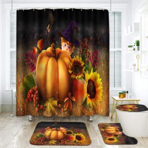 artsocket witch pumpkin bathroom sets with shower curtain and rugs and accessories, fall sunflower leaf autumn orange black shower curtain sets, thanksgiving shower curtains for bathroom decor 4 pcs
