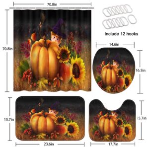 ArtSocket Witch Pumpkin Bathroom Sets with Shower Curtain and Rugs and Accessories, Fall Sunflower Leaf Autumn Orange Black Shower Curtain Sets, Thanksgiving Shower Curtains for Bathroom Decor 4 Pcs