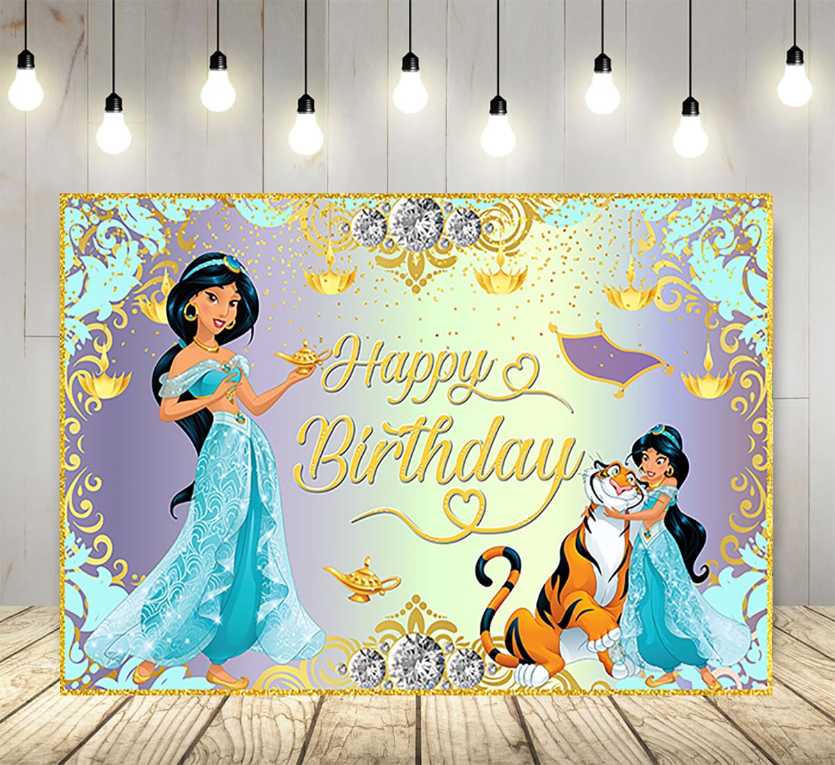 Blue Princess Jasmine Backdrop for Birthday Party Supplies 5x3ft Aladdin Theme Baby Shower Banner for Birthday Party Cake Table Decoration