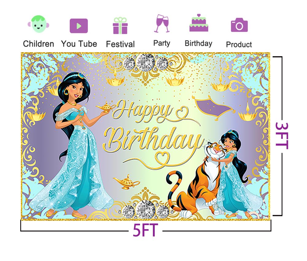 Blue Princess Jasmine Backdrop for Birthday Party Supplies 5x3ft Aladdin Theme Baby Shower Banner for Birthday Party Cake Table Decoration