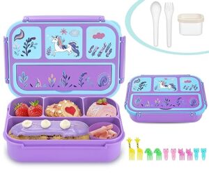 sunhanny bento lunch box for kids - 4 compartments, sauce container, utensils, food picks and muffin cups, purple unicorn