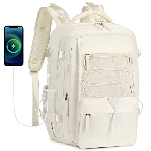 Travel Backpack for Women Men 17 Inch Laptop Backpacks with USB Port Carry on Bag Airline Approved Large College School Bookbags Waterproof Work Business Sport Rucksack Casual Daypack (White)