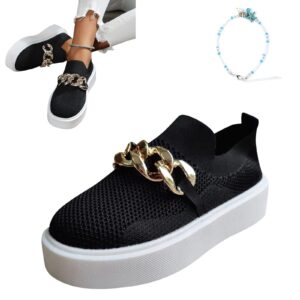 gutzbsy new mesh metal chain low top fashion sneakers,womens low top round toe fashion flat walking shoes (black,5)