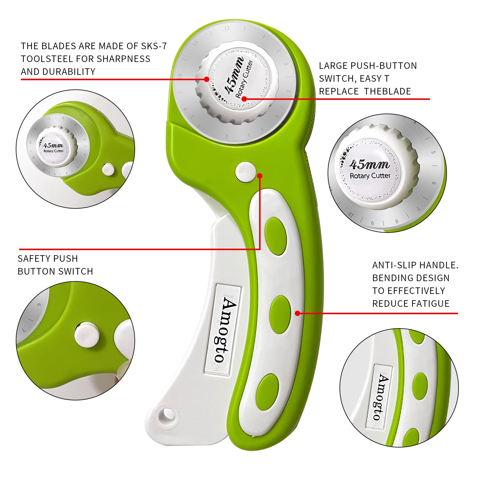 Amogto Rotary Cutter for Fabric, 45mm Fabric Cutter with 3pcs Rotary Cutter Blades, Ergonomic Quilting Supplies Tool for Leather, Crafting, Sewing, Quilting, Fabric Cutter Wheel for Left & Right Hand