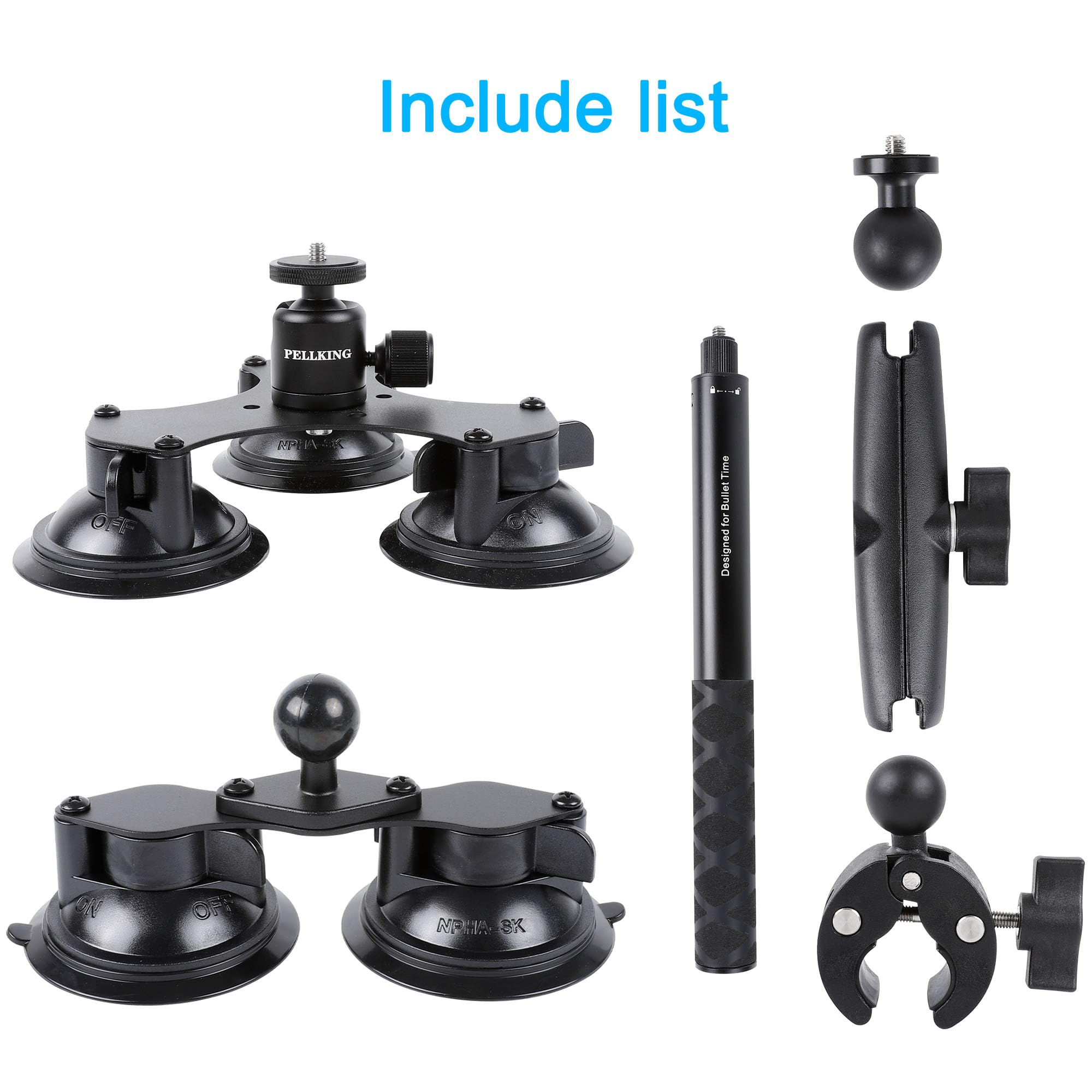 PellKing Suction Car Mount for Insta360 x4, x3, x2, x,One RS,R Compatible with GoPro Max Camera 5 in 1 Suction Mount Kit for Action Cameras (Includes 44.9-inch Selfie Stick)