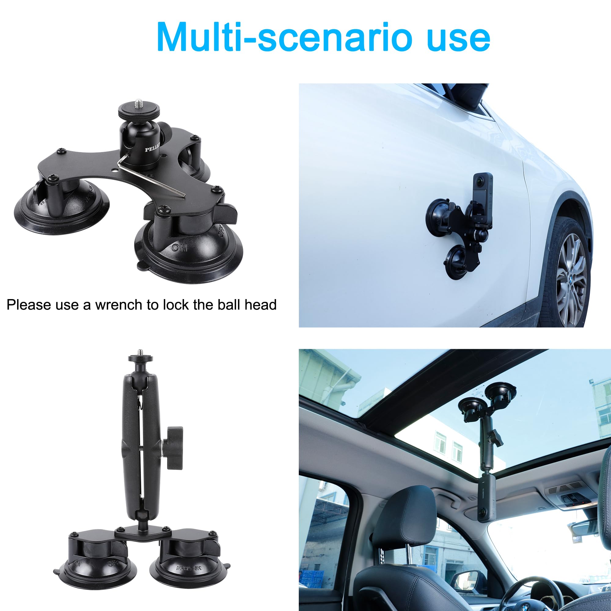 PellKing Suction Car Mount for Insta360 x4, x3, x2, x,One RS,R Compatible with GoPro Max Camera 5 in 1 Suction Mount Kit for Action Cameras (Includes 44.9-inch Selfie Stick)
