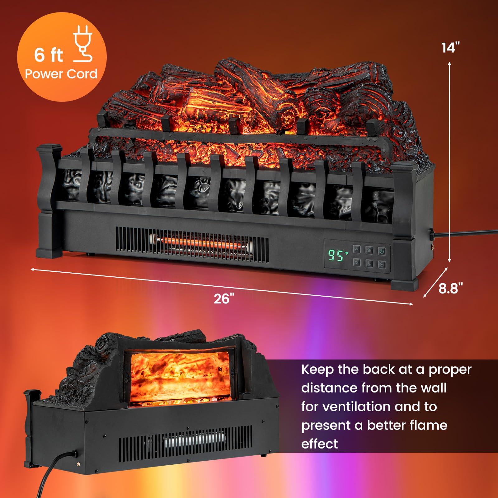 Tangkula 26” Infrared Quartz Electric Fireplace Log Heater with Realistic Pinewood Ember Bed, Electric Fireplace Heater Insert with Overheat Protection, Thermostat, 8H Timer, Remote Control, 1500W