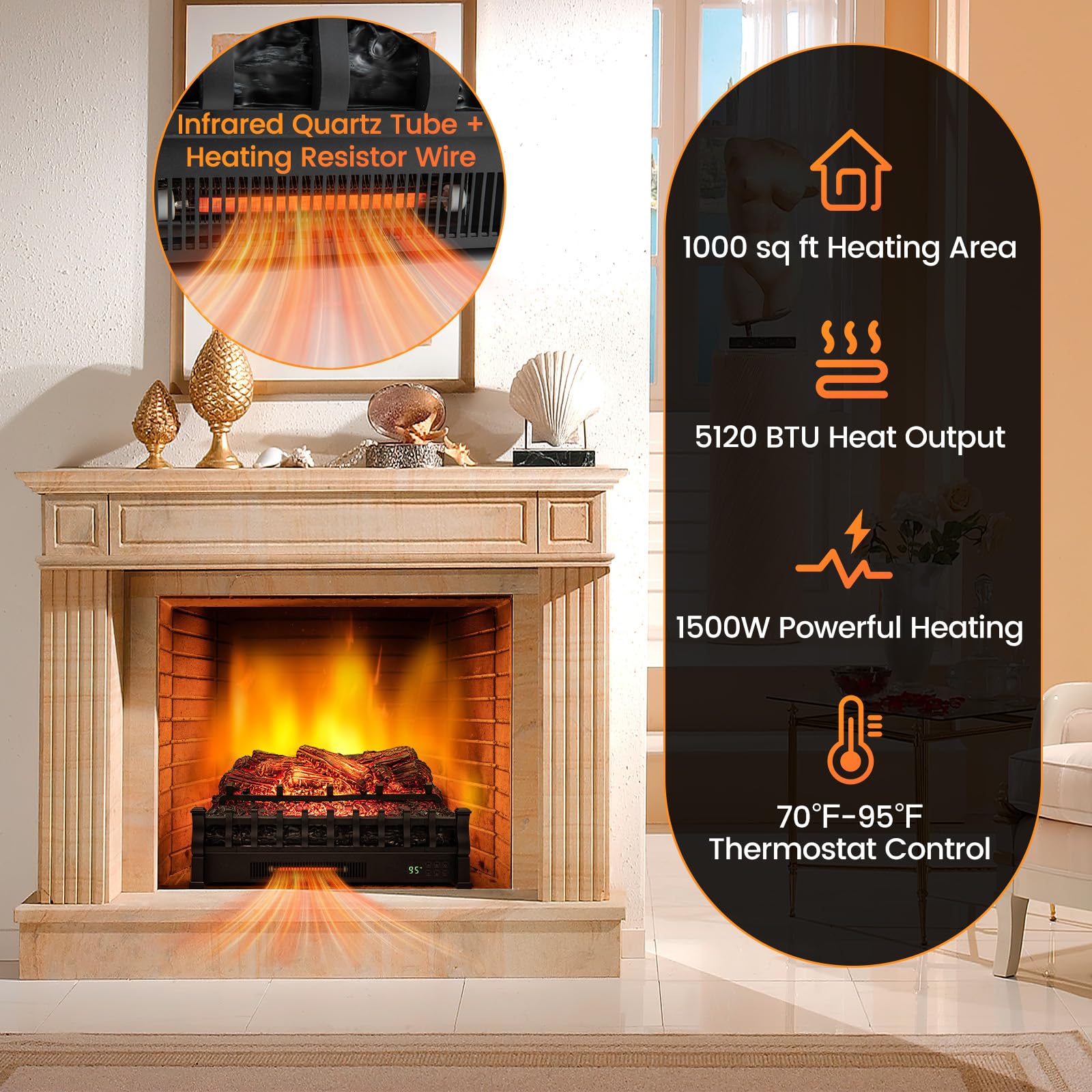 Tangkula 26” Infrared Quartz Electric Fireplace Log Heater with Realistic Pinewood Ember Bed, Electric Fireplace Heater Insert with Overheat Protection, Thermostat, 8H Timer, Remote Control, 1500W