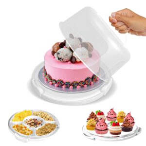 plastihut cake carrier with lid and handle – all in 1 multipurpose cake storage container fits 6" cake, 11 cupcakes & a cake plate serves as 5 section serving tray for snacks & fruit - white