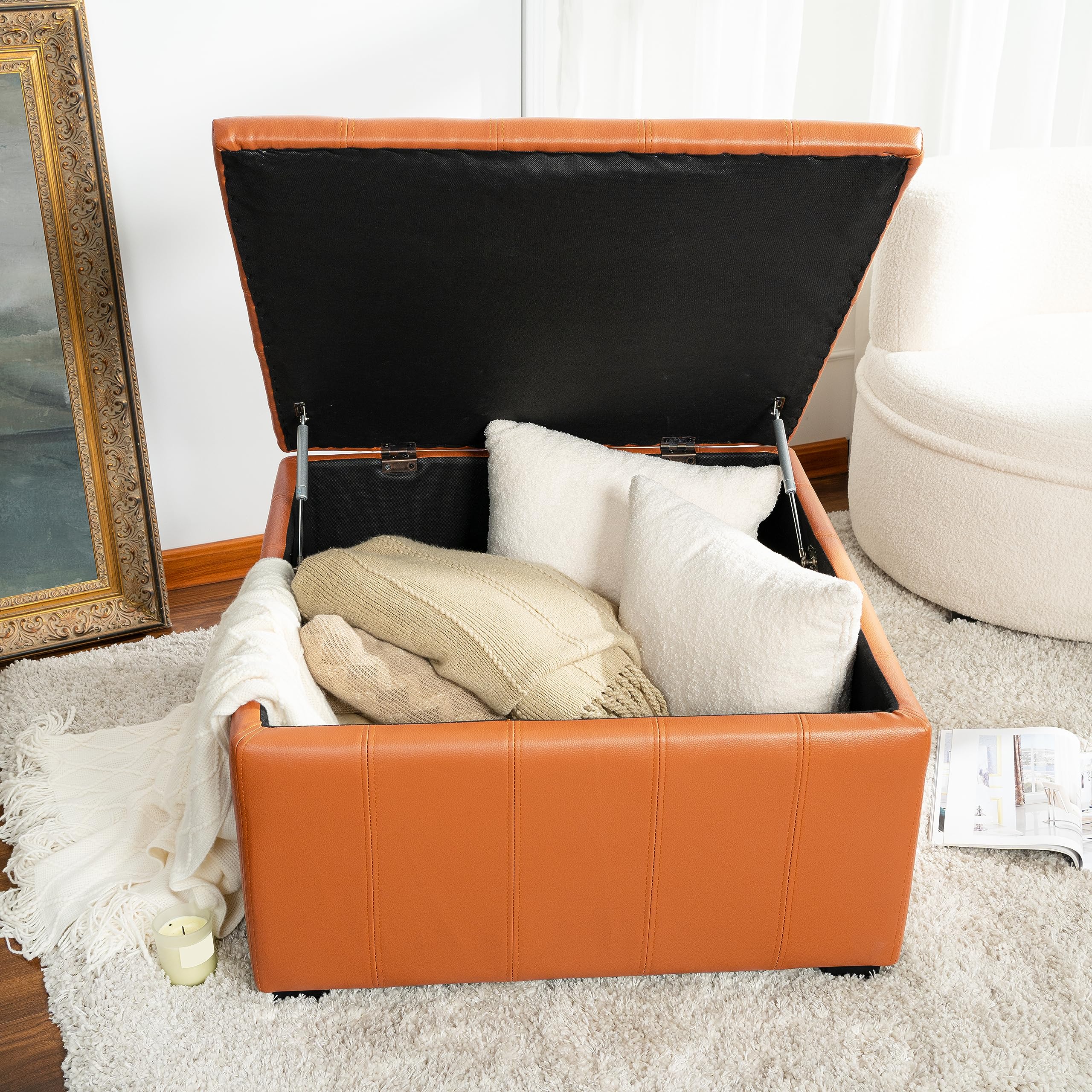 Celine 31" Large Tufted Storage Ottoman with Removable Lid and Storage, Upholstered Square Ottoman Cube Bench / Footrest / Coffee Table, Perfect for Living Room, Bedroom, Entryway, Dorm Room - Caramel