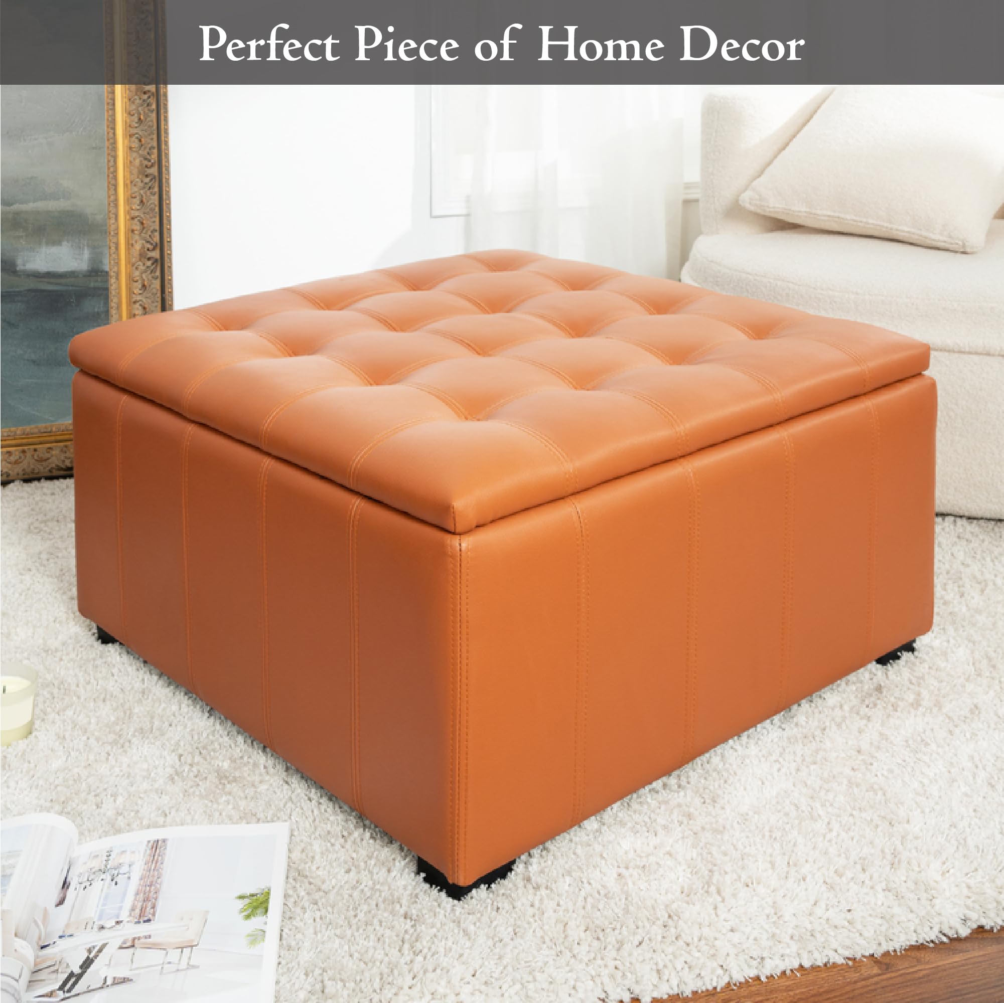 Celine 31" Large Tufted Storage Ottoman with Removable Lid and Storage, Upholstered Square Ottoman Cube Bench / Footrest / Coffee Table, Perfect for Living Room, Bedroom, Entryway, Dorm Room - Caramel