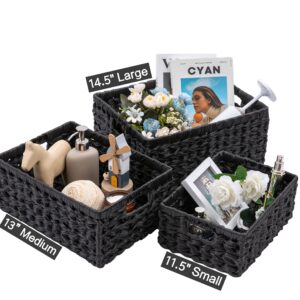 Homepeaz Set of 3 Wicker Storage Baskets, Decorative Baskets With Built-in Handles, Multipurpose Nesting Countertop Baskets for Shelves, Pantry, Kitchen Organizers, Bathroom, Toilet, Closet (Black)