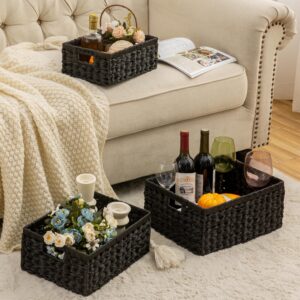 Homepeaz Set of 3 Wicker Storage Baskets, Decorative Baskets With Built-in Handles, Multipurpose Nesting Countertop Baskets for Shelves, Pantry, Kitchen Organizers, Bathroom, Toilet, Closet (Black)