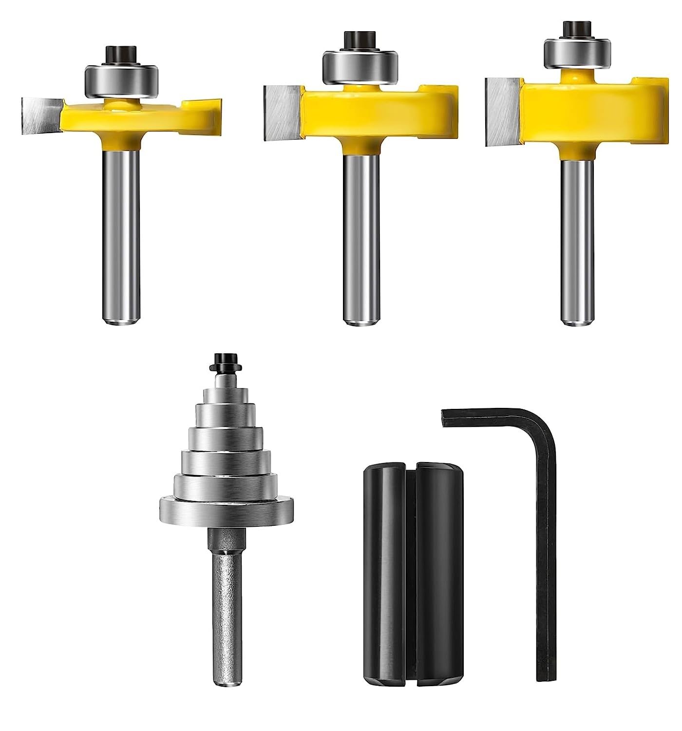 1/4 Inch Shank Rabbet Router Bit Set, 3 Pieces Carbide Tipped Rabbeting Router Bit with 6 Bearings Set, Interchangeable and Adjustable Bearing (Multiple Depths 1/8", 1/4", 5/16", 3/8", 7/16", 1/2")