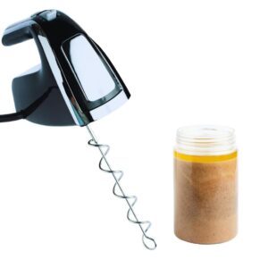 the nutbutter mixer, attachment fits most powered hand mixers or drills, reaches the bottom of most size jars, stainless steel peanut butter mixer and almond butter stirrer.