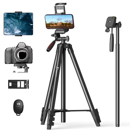 KINGJUE 71'' Camera Phone Tripod & Selfie Stick Compatible with Canon Nikon DSLR All Cell Phones with Universal Tablet Phone Holder Remote Shutter Bubble Level and Carry Bag Max Load 6.6LB