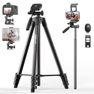 kingjoy 71'' camera phone tripod & selfie stick with universal tablet phone holder remote shutter and carry bag aluminum portable tripod stand compatible with phone/camera/projector/dslr