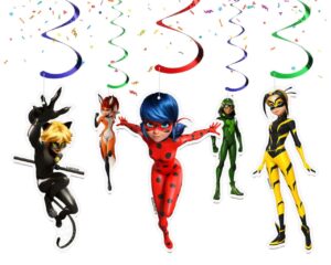 10 pcs miraculous ladybug streamers for kids. cartoon ladybug hanging ceiling swirls for birthday party decorations.