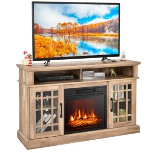 tangkula electric fireplace tv stand for tvs up to 55 inch, fireplace entertainment center with two side cabinets & adjustable shelves, electric heater with overheat protection, remote control