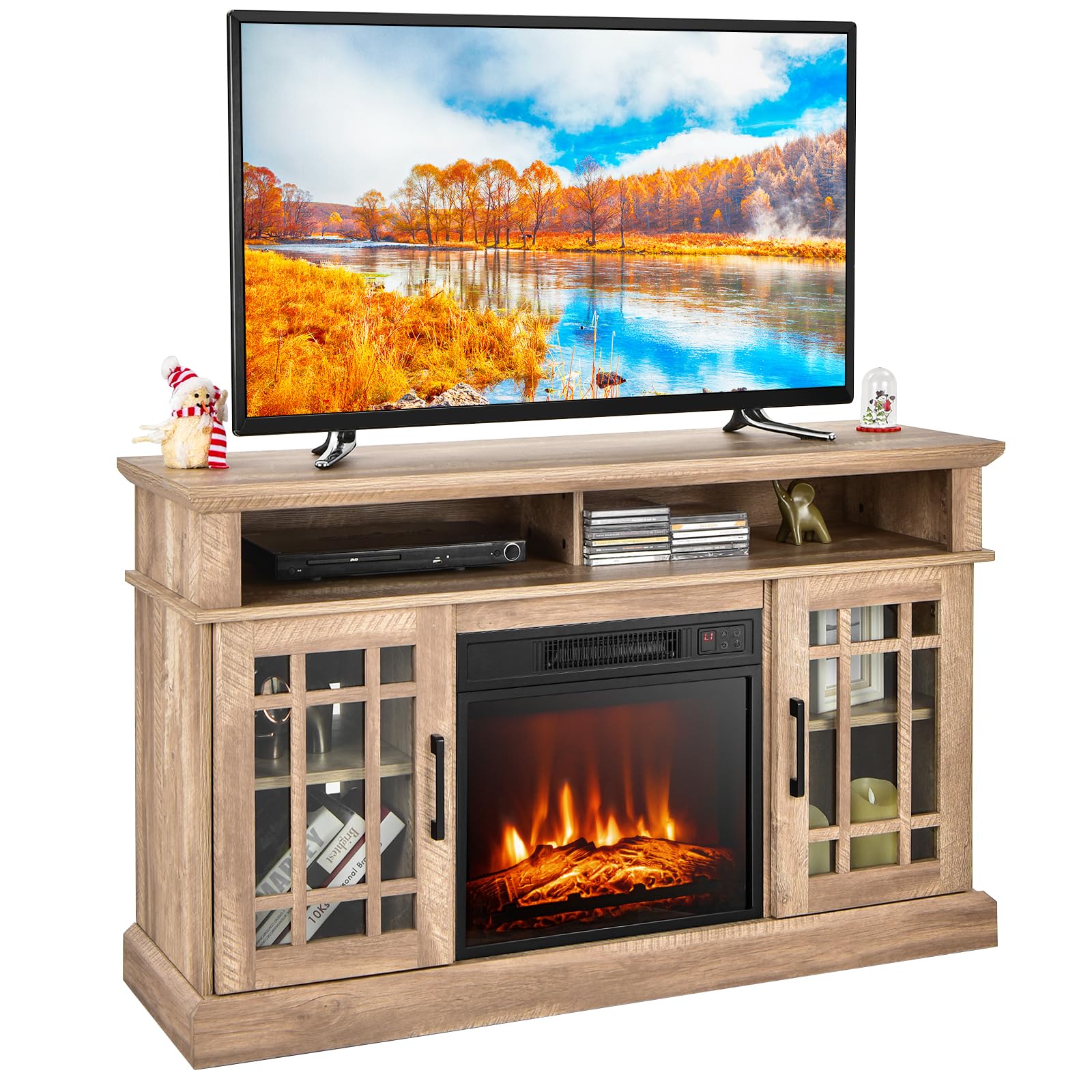 Tangkula Electric Fireplace TV Stand for TVs Up to 55 Inch, Fireplace Entertainment Center with Two Side Cabinets & Adjustable Shelves, Electric Heater with Overheat Protection, Remote Control