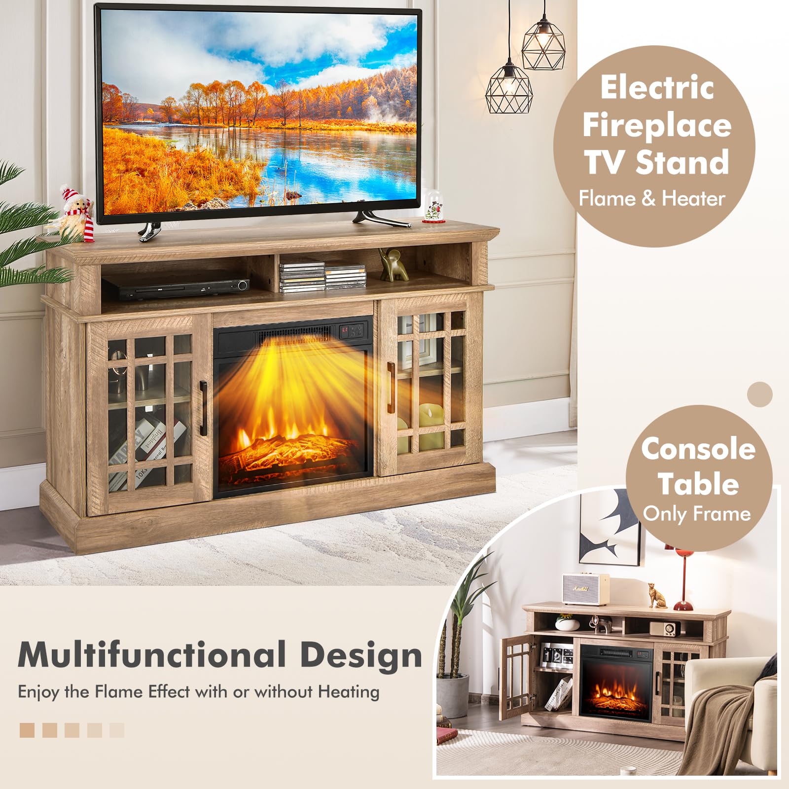 Tangkula Electric Fireplace TV Stand for TVs Up to 55 Inch, Fireplace Entertainment Center with Two Side Cabinets & Adjustable Shelves, Electric Heater with Overheat Protection, Remote Control