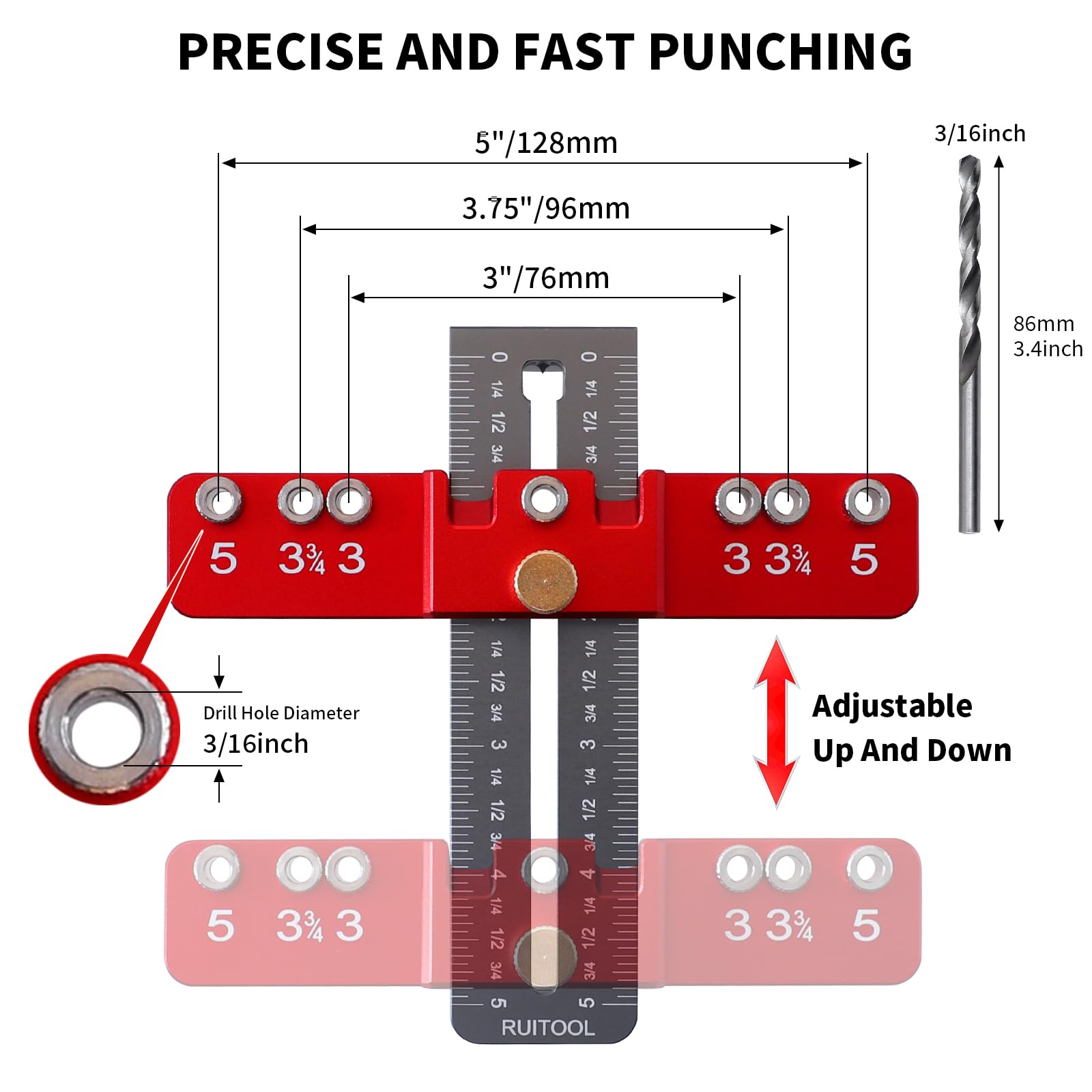 Ruitool Cabinet Hardware Jig Tool, Aluminium Alloy Cabinet Handle Install Template Tool, Adjustable Punch Locator Drill Template Guide, Cabinet Hole Drilling Template for Handles and Pulls