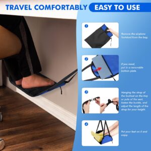 HAYVAN Airplane Footrest with Comfortable Latex Cushion for Long Flights - Portable Adjustable Airplane Desk Foot Hammock to Relax Your Feet and Leg in Plane, Office, Home (Blue)