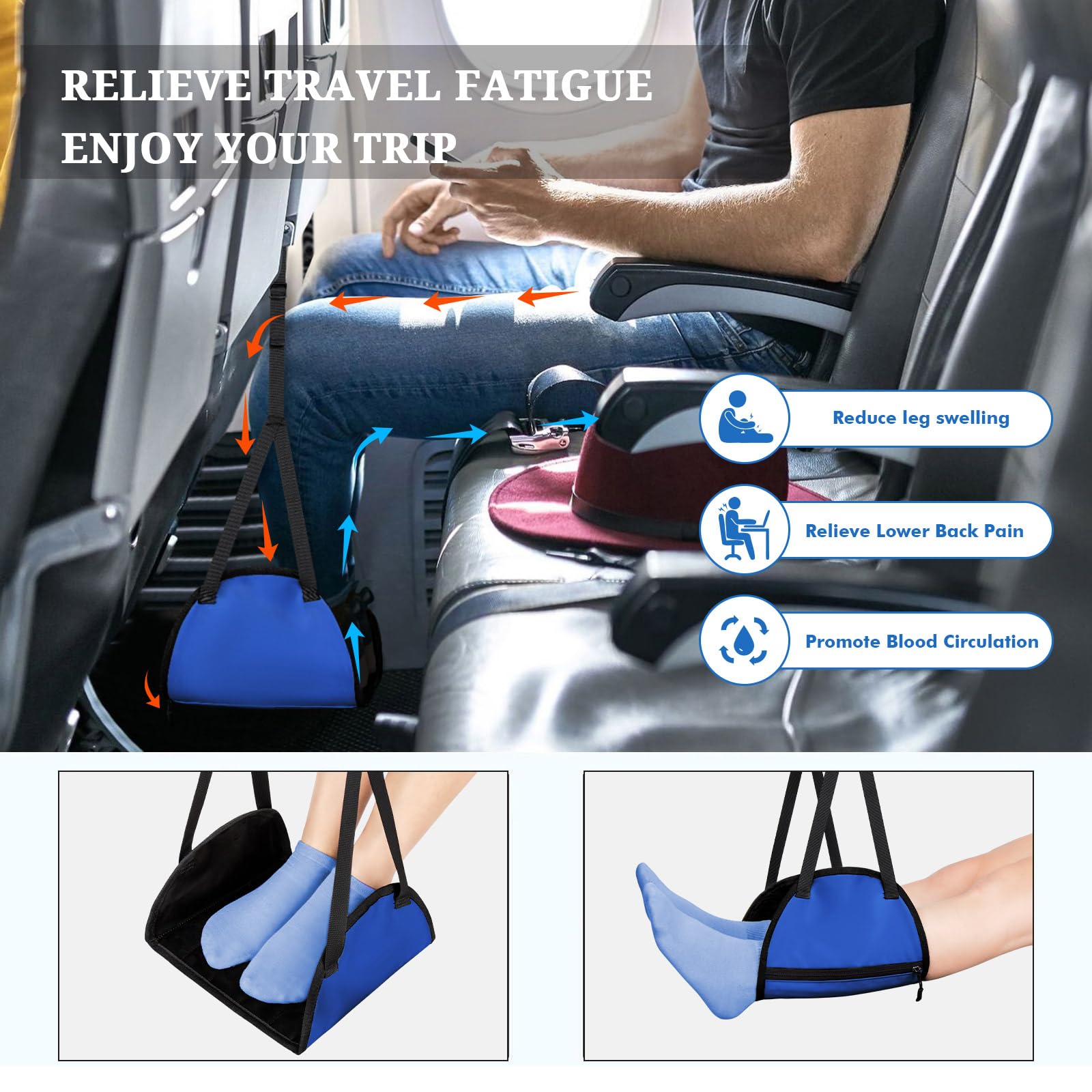 HAYVAN Airplane Footrest with Comfortable Latex Cushion for Long Flights - Portable Adjustable Airplane Desk Foot Hammock to Relax Your Feet and Leg in Plane, Office, Home (Blue)