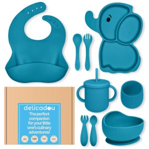 baby led weaning supplies - silicone baby feeding set - ultra complete silicone suction plate set. 9 pieces toddler baby dish set. first stage solid food eating baby utensils 6+ months. elephant shape