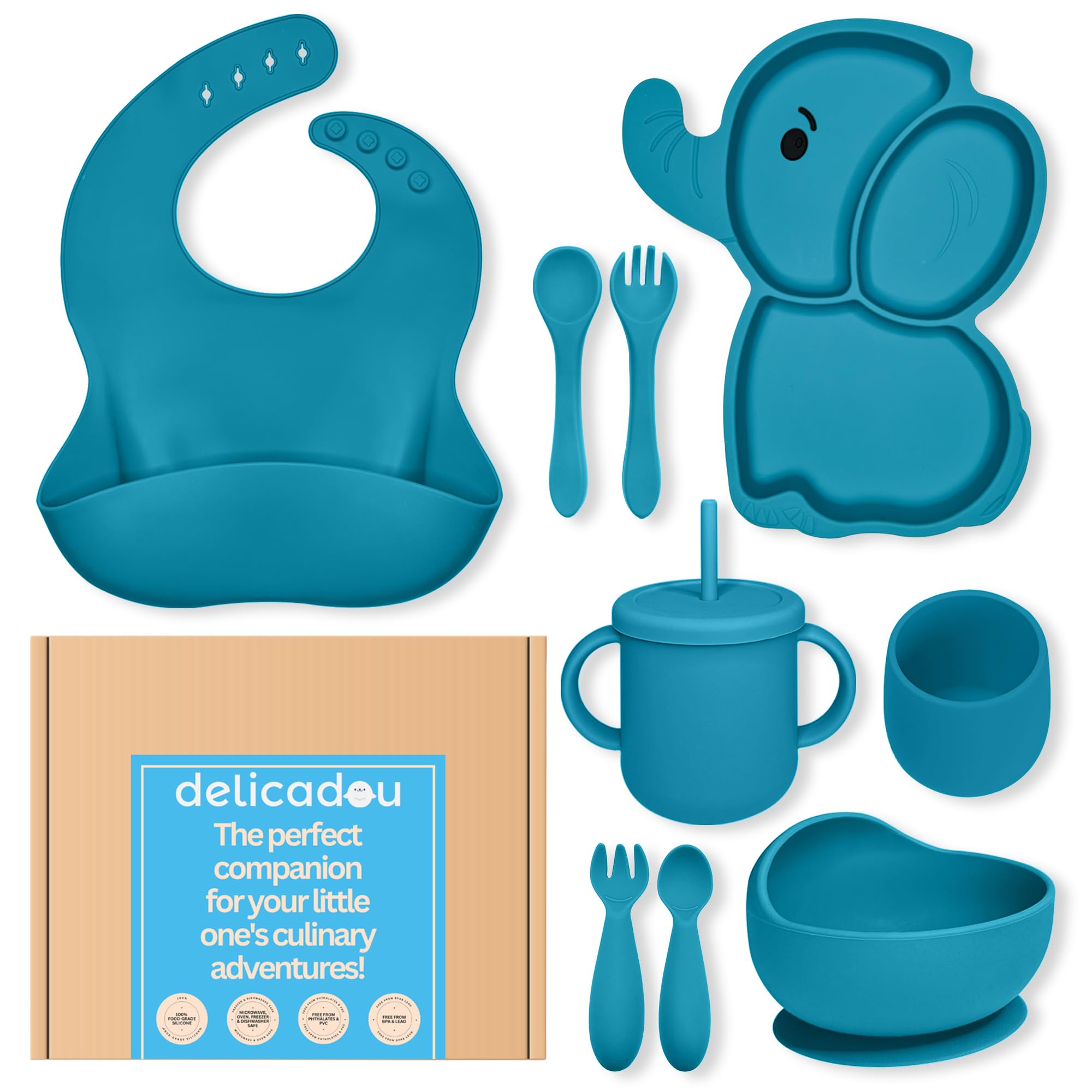 Baby Led Weaning Supplies - Silicone Baby Feeding Set - Ultra Complete Silicone Suction Plate Set. 9 Pieces Toddler Baby Dish Set. First Stage Solid Food Eating Baby Utensils 6+ Months. Elephant Shape