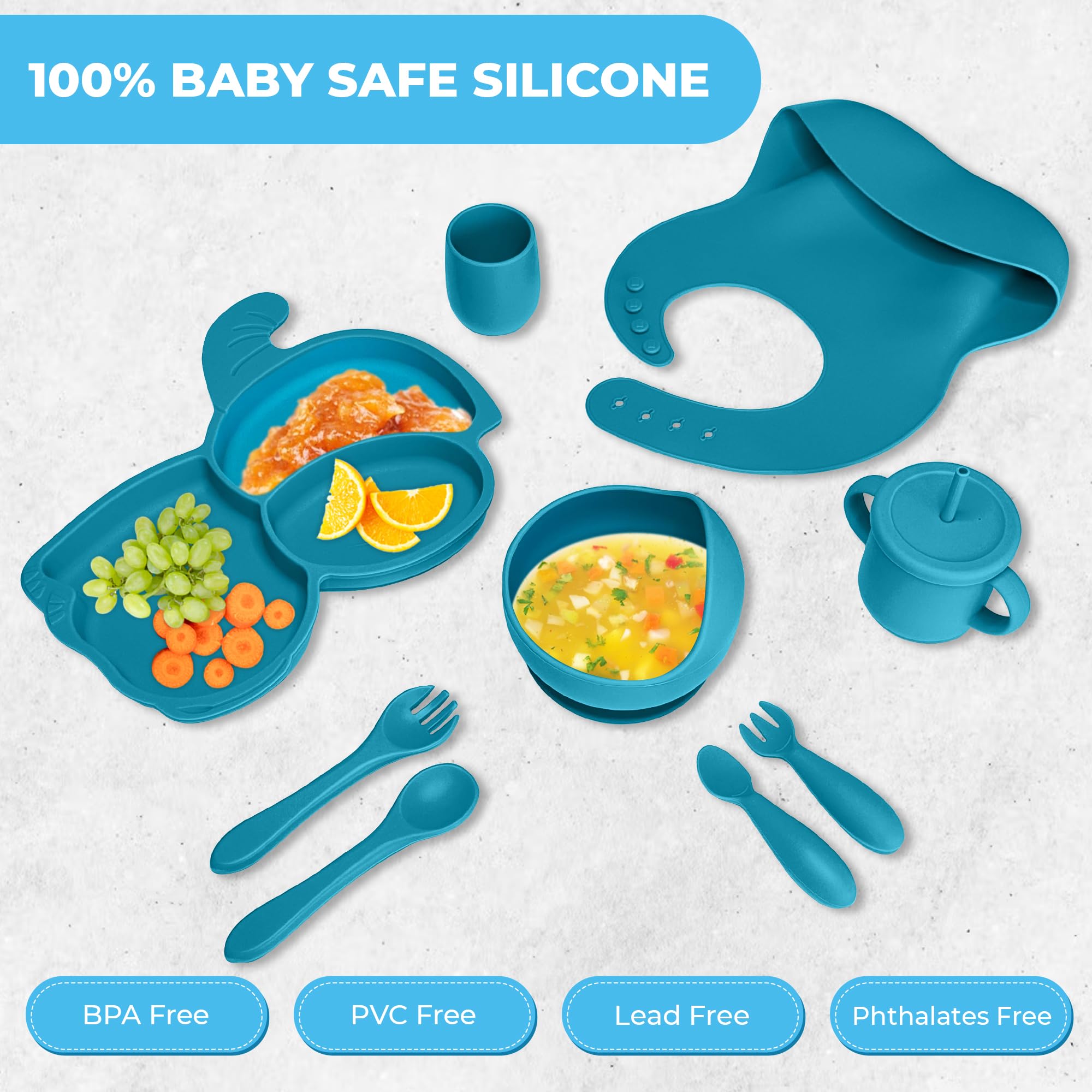 Baby Led Weaning Supplies - Silicone Baby Feeding Set - Ultra Complete Silicone Suction Plate Set. 9 Pieces Toddler Baby Dish Set. First Stage Solid Food Eating Baby Utensils 6+ Months. Elephant Shape