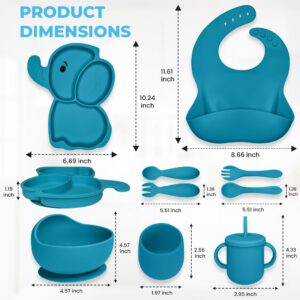 Baby Led Weaning Supplies - Silicone Baby Feeding Set - Ultra Complete Silicone Suction Plate Set. 9 Pieces Toddler Baby Dish Set. First Stage Solid Food Eating Baby Utensils 6+ Months. Elephant Shape