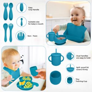 Baby Led Weaning Supplies - Silicone Baby Feeding Set - Ultra Complete Silicone Suction Plate Set. 9 Pieces Toddler Baby Dish Set. First Stage Solid Food Eating Baby Utensils 6+ Months. Elephant Shape