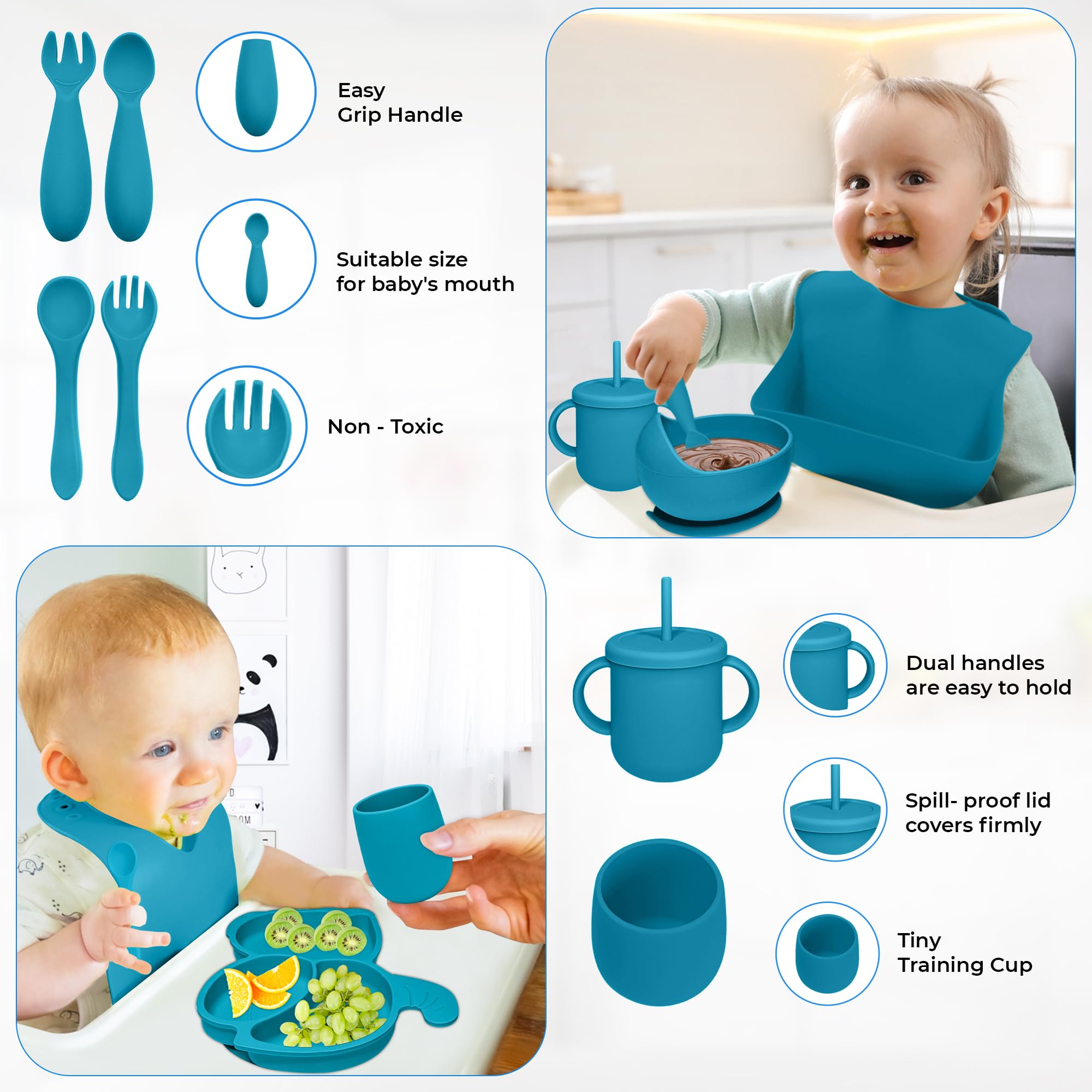 Baby Led Weaning Supplies - Silicone Baby Feeding Set - Ultra Complete Silicone Suction Plate Set. 9 Pieces Toddler Baby Dish Set. First Stage Solid Food Eating Baby Utensils 6+ Months. Elephant Shape