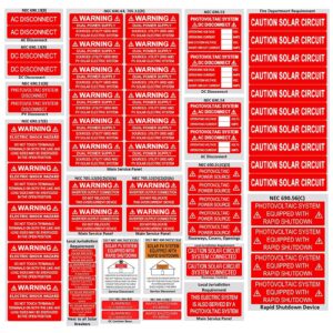 62 pack premium solar pv system labels - uv resistant, nec compliant, safety warning photovoltaic system labels with rapid shutdown - ansi/iso approved
