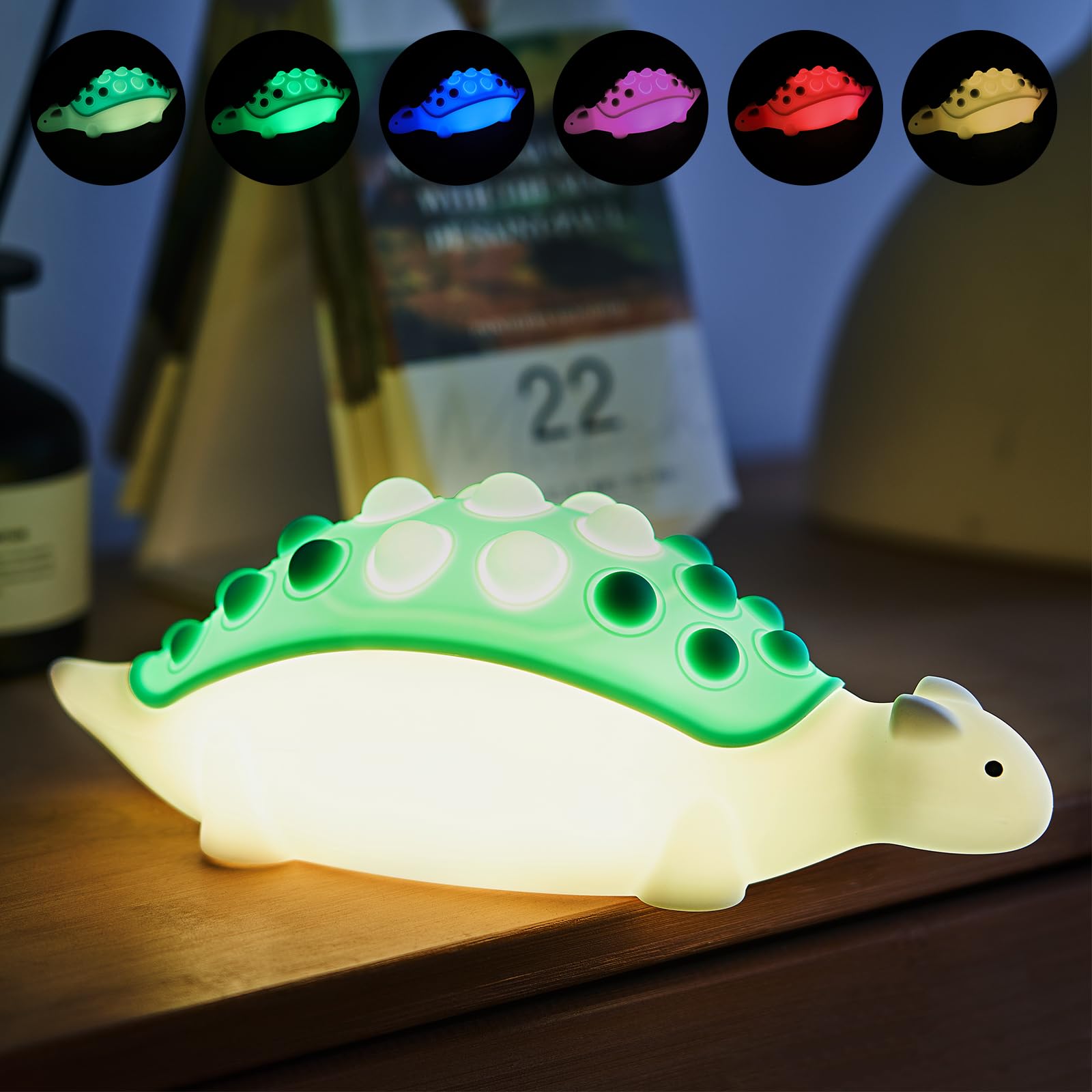 SALUOKE Dinosaur Kids Night Light,Silicone Nursery Dino Lamp with Pop Bubble,7 Nightlight Modes Rechargeable Bedside Touch Lamp,Baby Room Decor,Cute Lamp Dinosaurs Gifts for Toddler(Green)