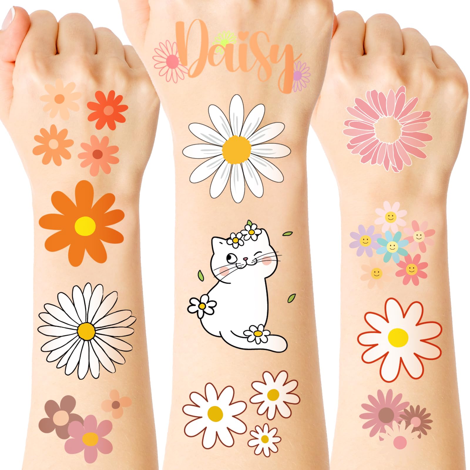 Demissle 260 Pcs Daisy Temporary Tattoo for Kids Summer Groovy Tattoo Stickers Waterproof Flower Cat Bear Rainbow Face Tattoos Boho Birthday Party Decoration Favor Cute Party Supplies Girls Boys Gifts