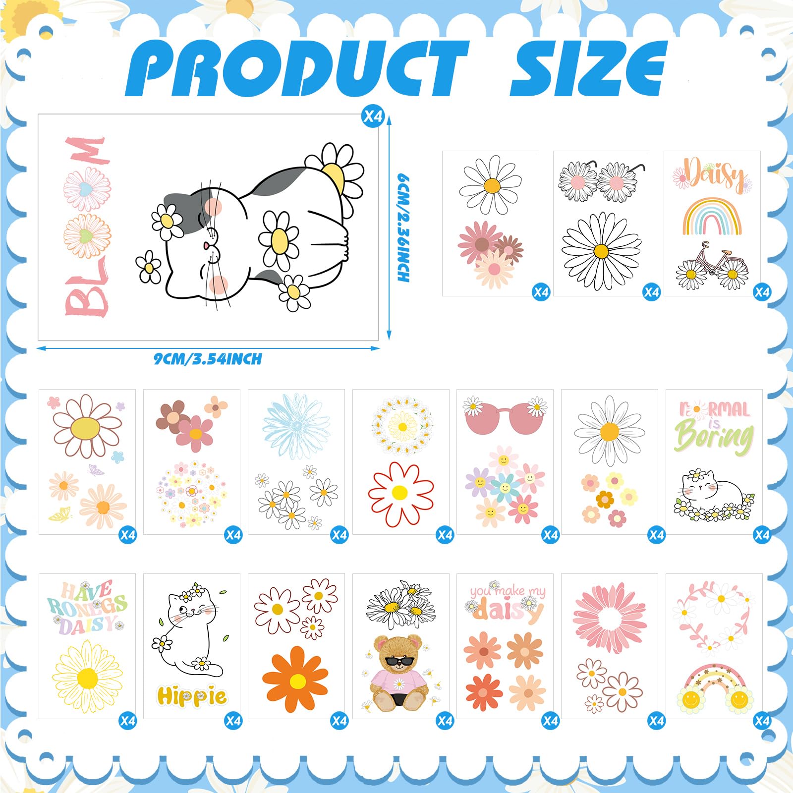 Demissle 260 Pcs Daisy Temporary Tattoo for Kids Summer Groovy Tattoo Stickers Waterproof Flower Cat Bear Rainbow Face Tattoos Boho Birthday Party Decoration Favor Cute Party Supplies Girls Boys Gifts