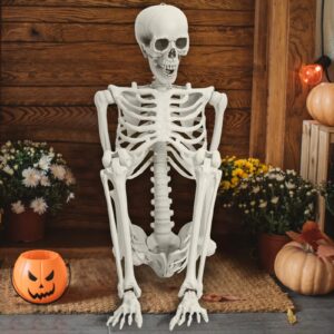 5.4ft Full Body Skeleton Prop with Movable Joints, Poseable Life Size Skeleton Statue for Anatomy Scentific Study Halloween Outdoor Decoration (White)