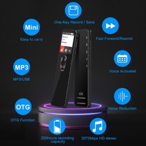 64GB Digital Voice Recorder for Lecture, 3072Kbps HD Audio Recording, Voice Activated Recorder for Interview Meetings, MP3 Player, A-B Loop Playback, Password, Type C Rechargeable Dictaphone