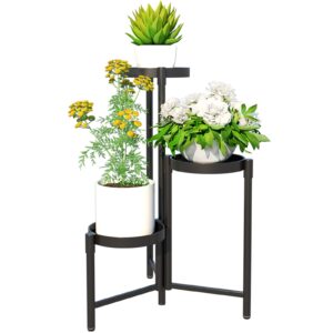 3 tier great tube plant stand indoor outdoor black metal flower holder for multiple pots tall corner plant shelf rack tiered planter stands iron potted shelves vertical for patio, balcony, garden
