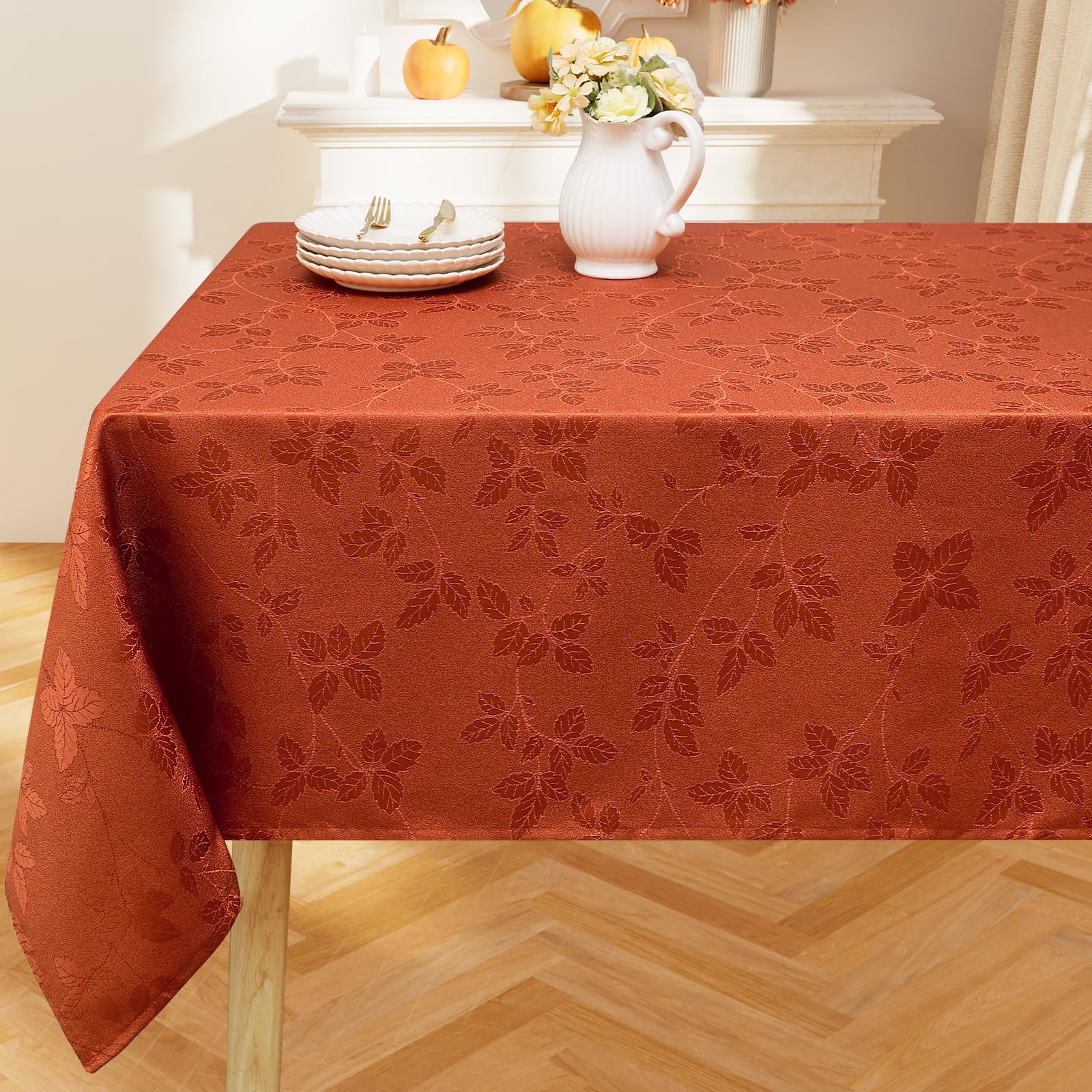 Moosfor Fall Tablecloth Rectangle 60x102 Inch, Waterproof Autumn Leaves Jacquard Table Cloth, Damask Fabric Table Covers for Harvest Parties, and Thanksgiving Decor, Rust/Burnt Orange