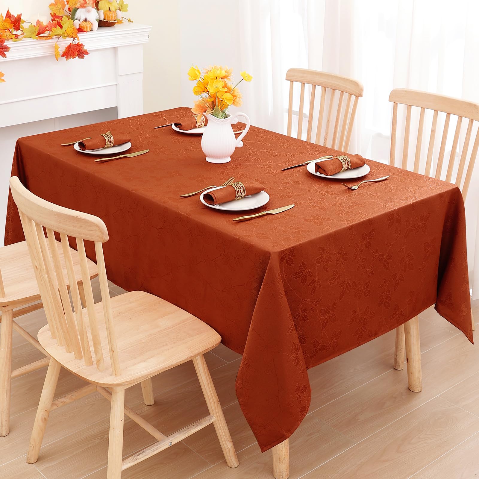 Moosfor Fall Tablecloth Rectangle 60x102 Inch, Waterproof Autumn Leaves Jacquard Table Cloth, Damask Fabric Table Covers for Harvest Parties, and Thanksgiving Decor, Rust/Burnt Orange